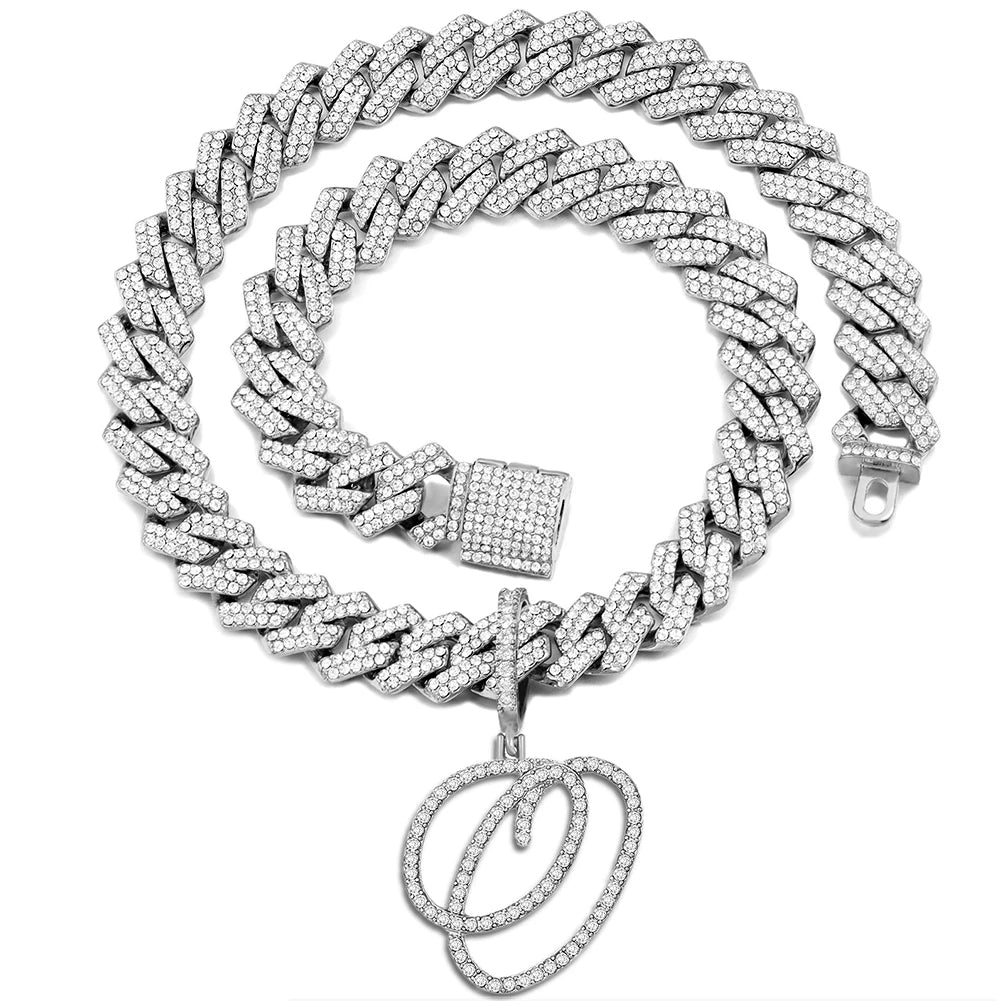 Iced Out Bling Zircon Cursive Letter Pendant Necklace For Women Men 14MM Prong Cuban Initial Name Necklaces Gifts Jewelry