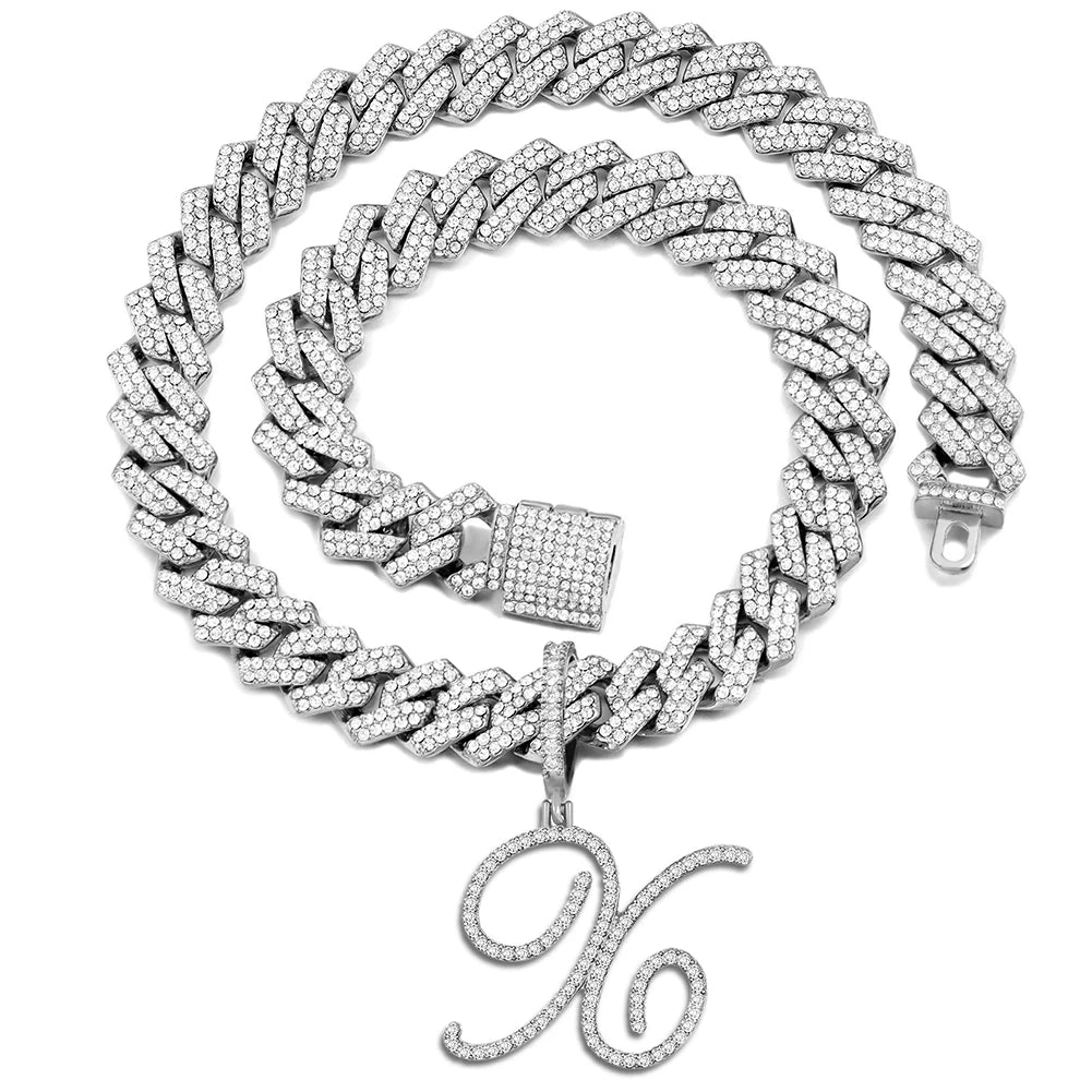 Iced Out Bling Zircon Cursive Letter Pendant Necklace For Women Men 14MM Prong Cuban Initial Name Necklaces Gifts Jewelry