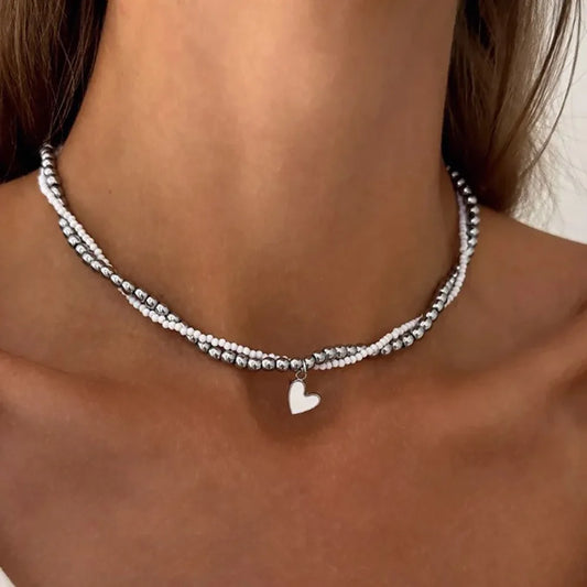 2pcs/set Y2k Bead Heart-Shaped Choker Necklaces Chain Jewellery Women Glass Multilayer Multiayer Charm Necklace Girls Gifts