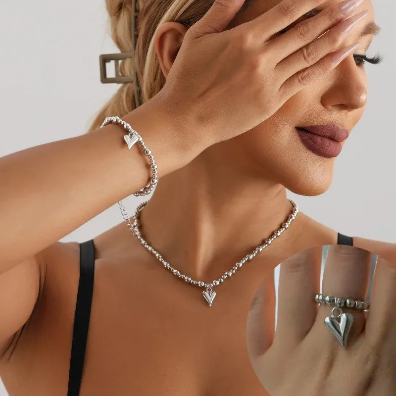 New Heart Beaded Necklace Bracelet Ring Women Boho Crystal Class Gravel Clavicle Chain Cool Y2K Choker Exquisite Fashion Jewelry