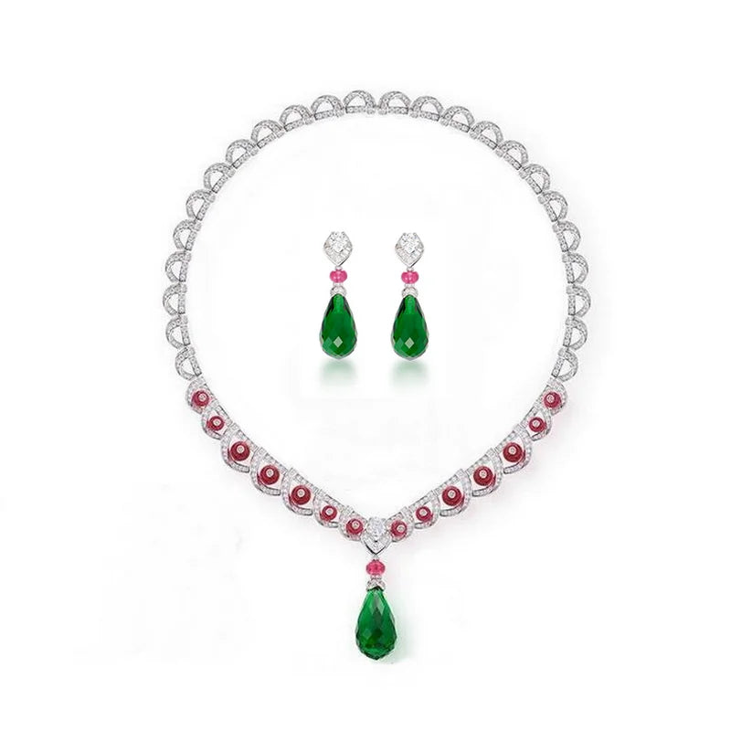 Designer Collection Style Earrings Necklace Women Inlay Cubic Zircon Drop-shaped Synthetic Green Gem Pendant Jewelry Sets