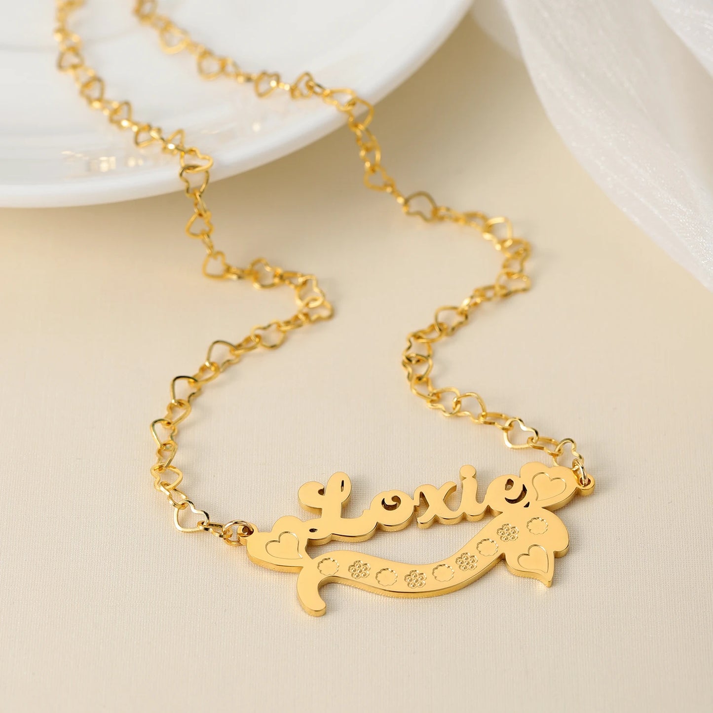 Custom Name Necklace With Heart 18K Gold Plated Two Tone Pendant Personalized Double Plate Nameplate Jewelry For Mother's Day