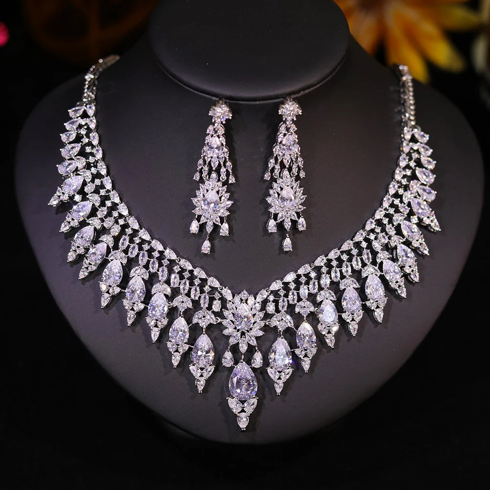 Bridal 2pcs Red And Blue Green Color Zirconia Big Jewelry Gift Set For Women Party, Luxury Dubai Nigeria CZ Crystal Wedding
