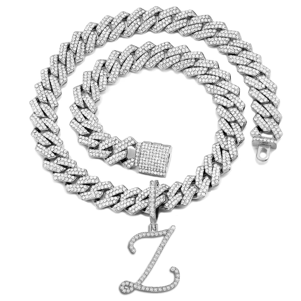 Iced Out Bling Zircon Cursive Letter Pendant Necklace For Women Men 14MM Prong Cuban Initial Name Necklaces Gifts Jewelry