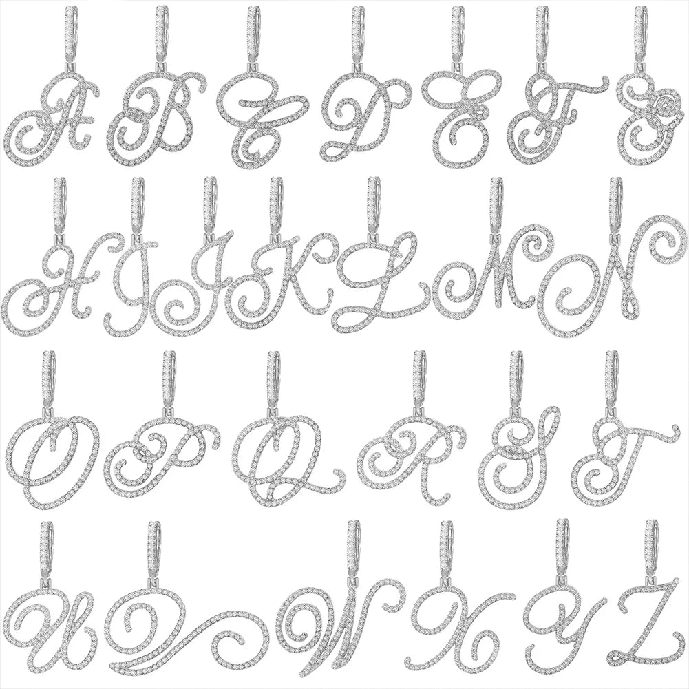 Iced Out Bling Zircon Cursive Letter Pendant Necklace For Women Men 14MM Prong Cuban Initial Name Necklaces Gifts Jewelry