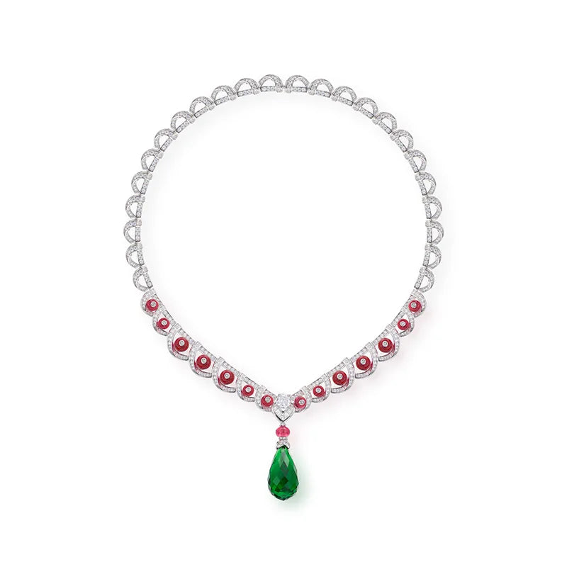 Designer Collection Style Earrings Necklace Women Inlay Cubic Zircon Drop-shaped Synthetic Green Gem Pendant Jewelry Sets