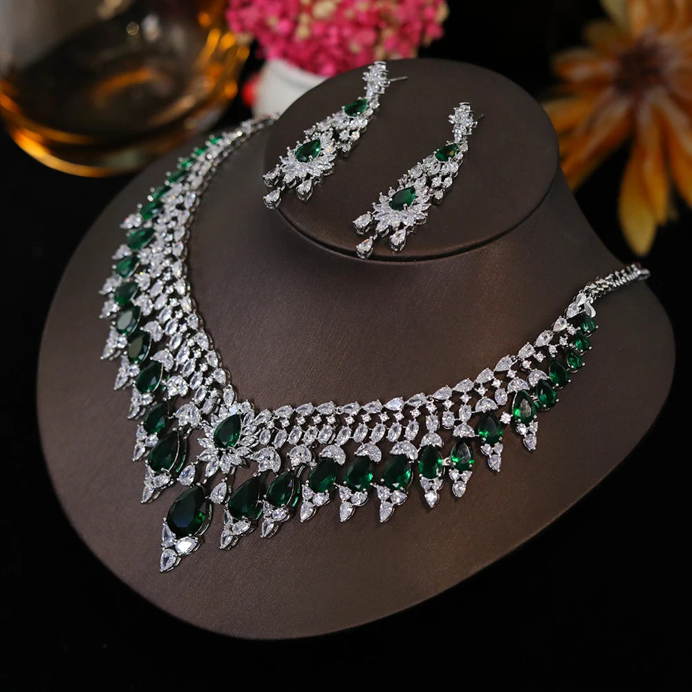 Bridal 2pcs Red And Blue Green Color Zirconia Big Jewelry Gift Set For Women Party, Luxury Dubai Nigeria CZ Crystal Wedding