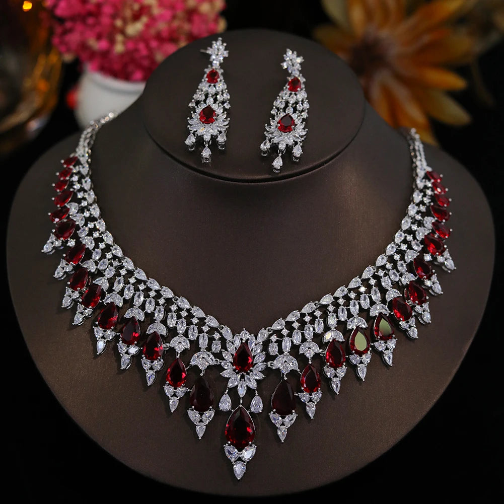 Bridal 2pcs Red And Blue Green Color Zirconia Big Jewelry Gift Set For Women Party, Luxury Dubai Nigeria CZ Crystal Wedding
