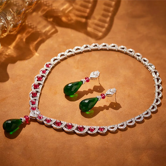 Designer Collection Style Earrings Necklace Women Inlay Cubic Zircon Drop-shaped Synthetic Green Gem Pendant Jewelry Sets