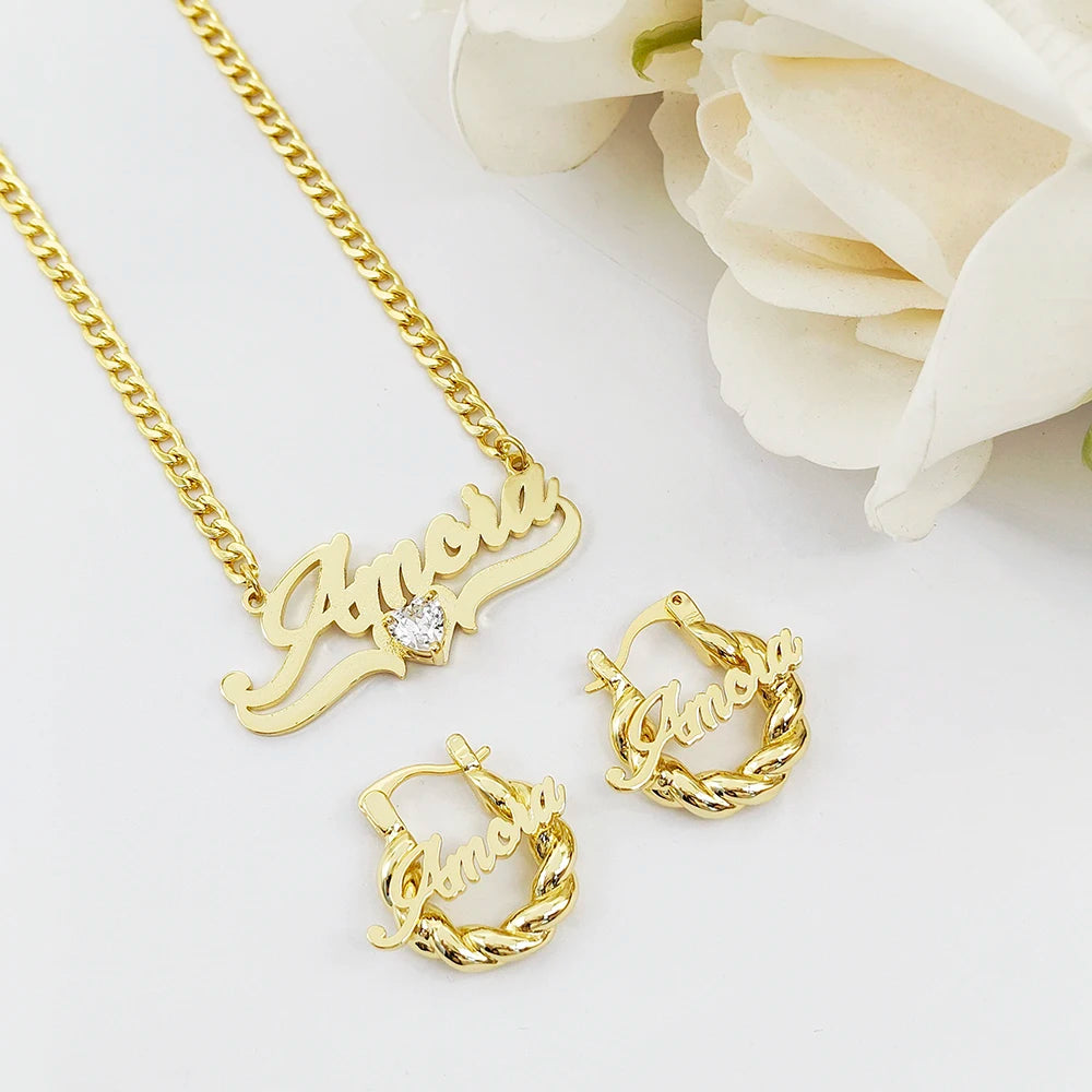 Custom Name Necklace and Earrings Set Baby Heart Necklace Small Twist Hoops Kids Earrings Birthday Gift for Girl Toddler Jewelry