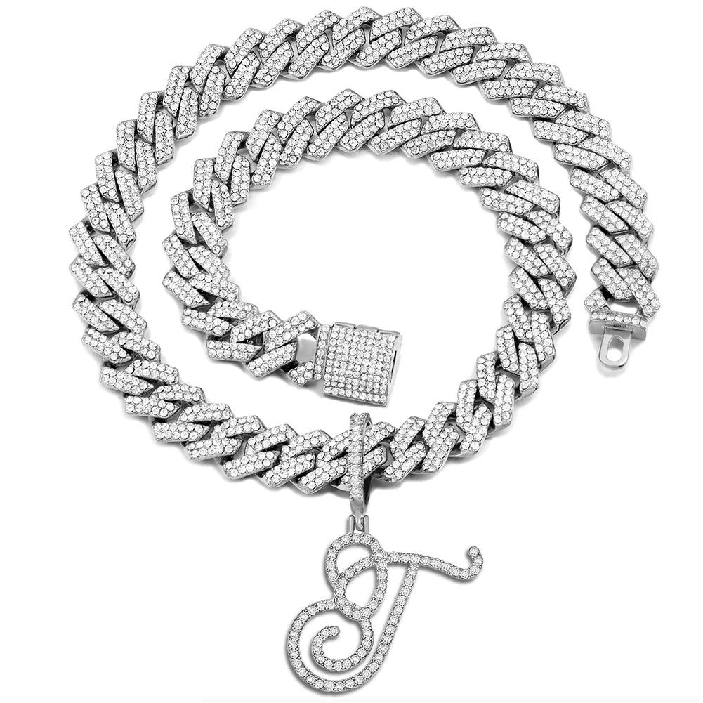 Iced Out Bling Zircon Cursive Letter Pendant Necklace For Women Men 14MM Prong Cuban Initial Name Necklaces Gifts Jewelry