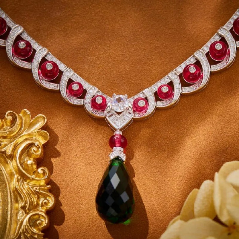 Designer Collection Style Earrings Necklace Women Inlay Cubic Zircon Drop-shaped Synthetic Green Gem Pendant Jewelry Sets