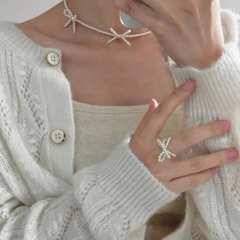 Delicate Y2K Jewelry Sweet Pearl Bowknot Necklaces Simple Style Short Clavicle Chains Choker for Women Girls Anniversary Party