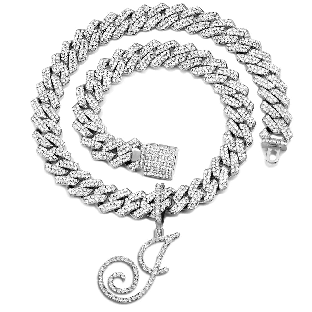 Iced Out Bling Zircon Cursive Letter Pendant Necklace For Women Men 14MM Prong Cuban Initial Name Necklaces Gifts Jewelry