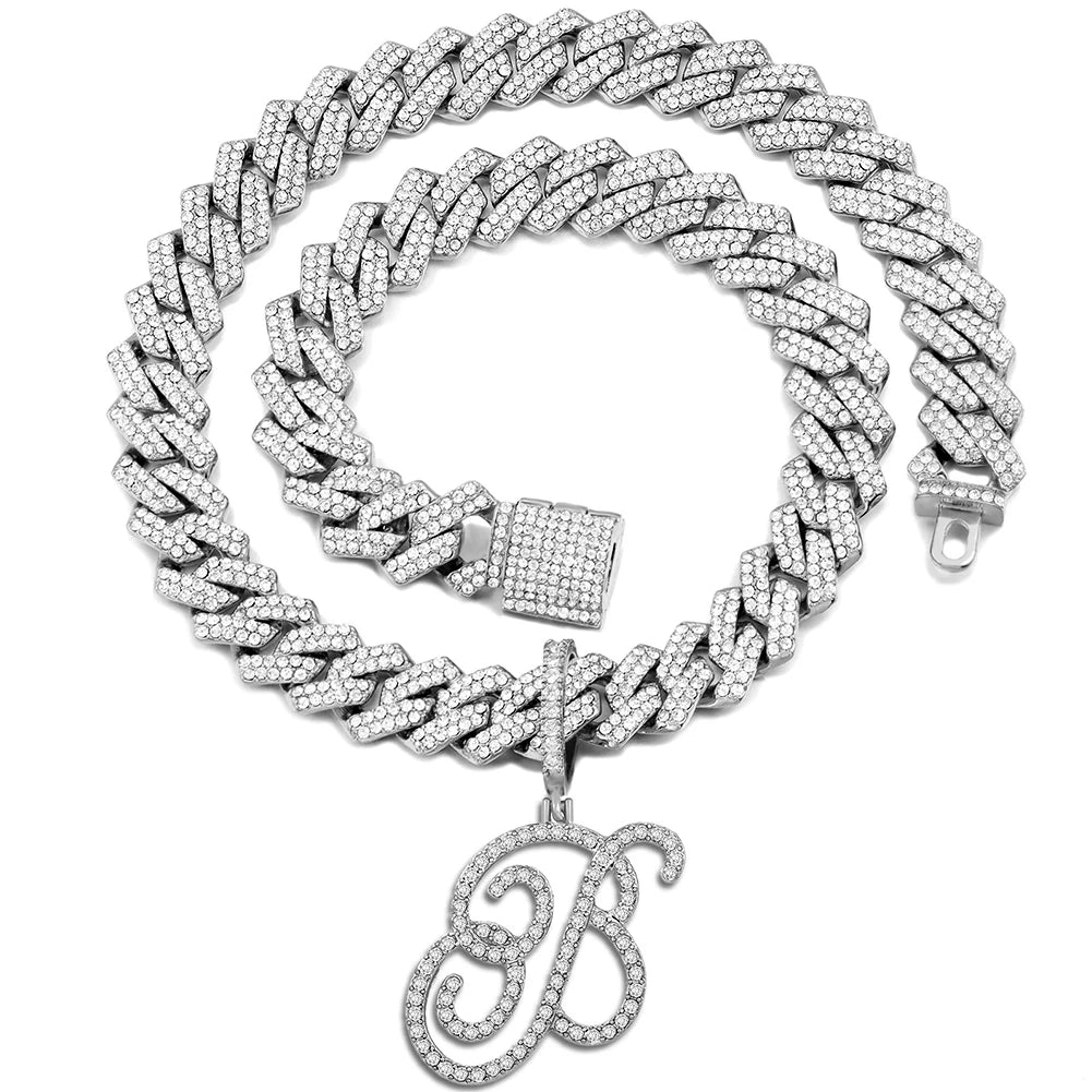 Iced Out Bling Zircon Cursive Letter Pendant Necklace For Women Men 14MM Prong Cuban Initial Name Necklaces Gifts Jewelry