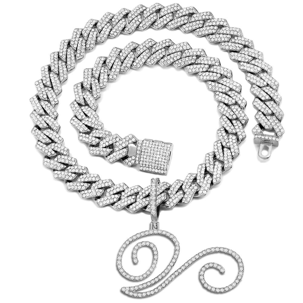 Iced Out Bling Zircon Cursive Letter Pendant Necklace For Women Men 14MM Prong Cuban Initial Name Necklaces Gifts Jewelry